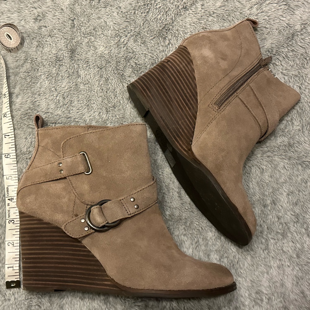 Lucky Brand. Taupe, suede, wedged ankle booties. Size 9.5.
